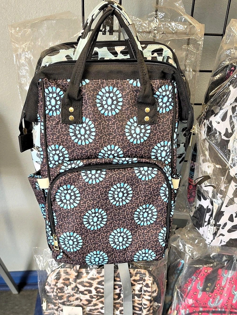 Geometric Baby Bag in Brown & Blue Like New